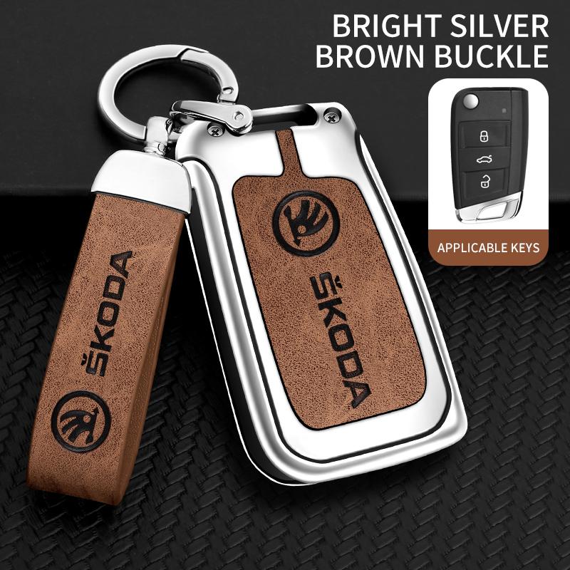JKFB8 Zinc Alloy Leather Car Flip Remote Key Case Cover Holder Shell for Skoda Octavia Kodiaq Karoq Protector Car Keychain Accessories