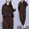 Large Casual Hooded Fashion Set Autumn New Item Thick Corduroy Large Size Flesh Covering Slimming and Casual Two-piece Set