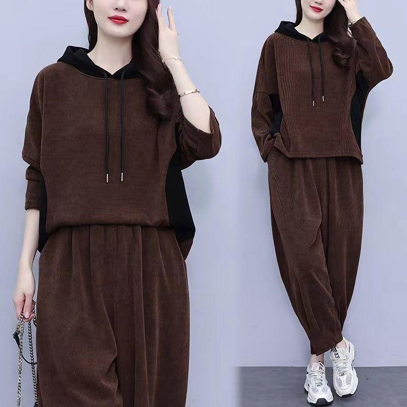 Large Casual Hooded Fashion Set Autumn New Item Thick Corduroy Large Size Flesh Covering Slimming and Casual Two-piece Set