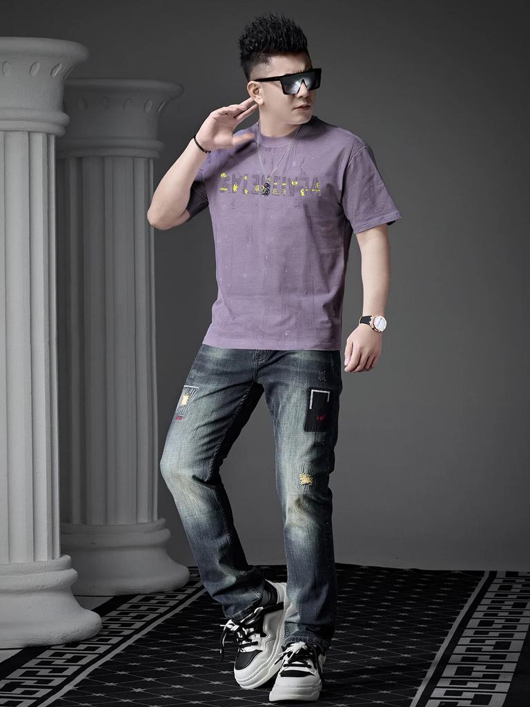 European Style Round Neck Short-Sleeve T-Shirt for Men, 2026 Summer New Trendy Embroidered Distressed Top Half-Sleeve Tee for Men