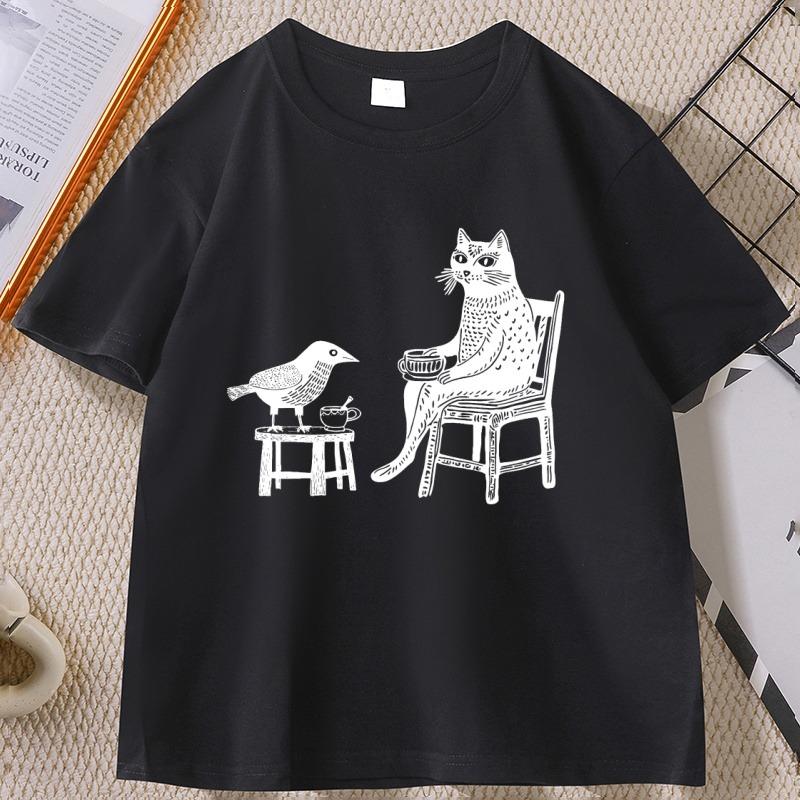 Coffee and Tea with Friends Graphic TShirt Unisex Women Funny Hipster Animal Drawing T Shirt Unique Cat Bird Tshirts Streetwear