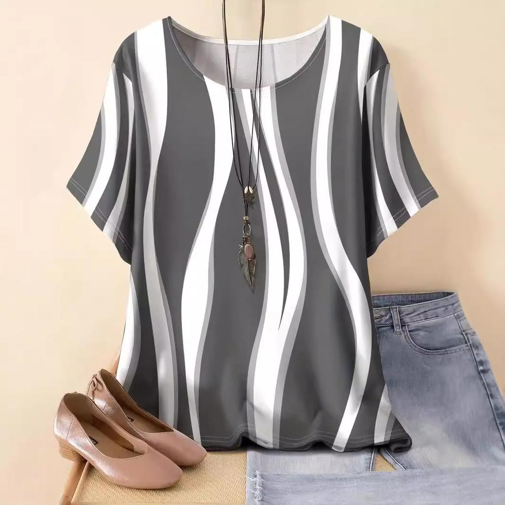 Плюс размер Лето Новый Модный Свободный 3D Печатный Полосатый Топ Для Похудения Футболка С Короткими Рукавами