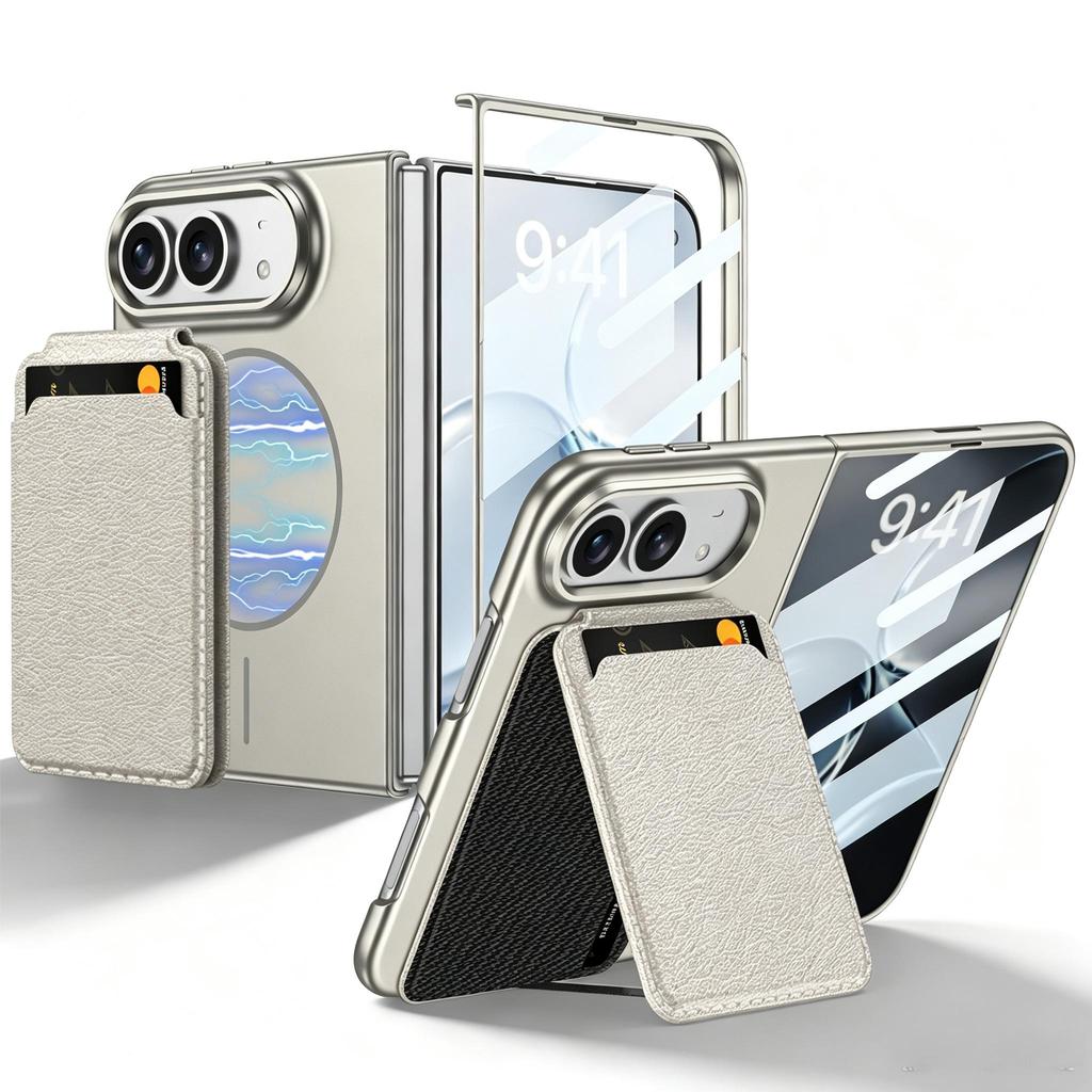 Shell Film Integrated Magnetic Wallet Case For iPhone Duo, Pull Strap Stand, Strong Magnet PU Leather Cover