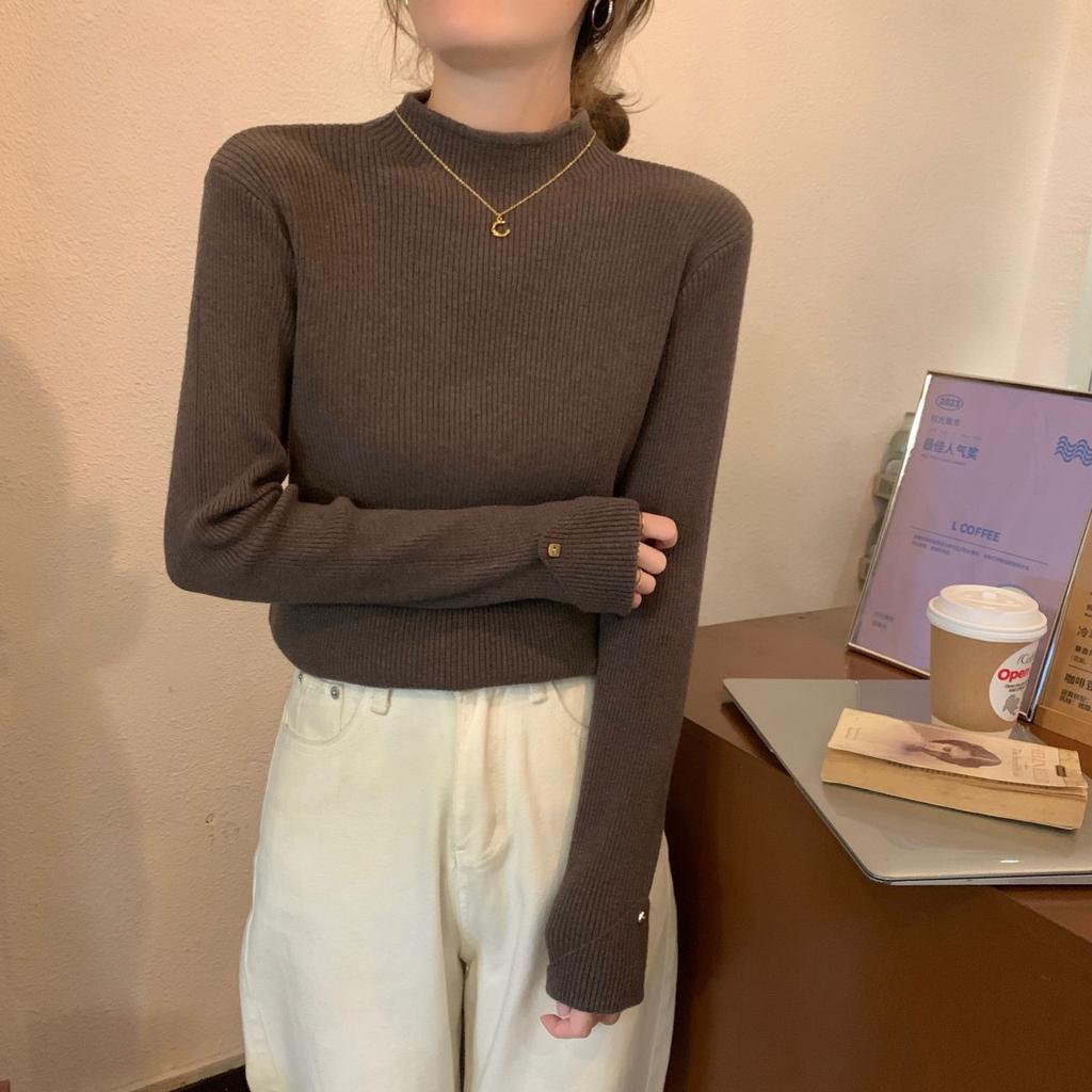 Кофейного цвета полувысокий ворот вязаный базовый свитер для женщин осень и зима тонкий внутренний свитер верх