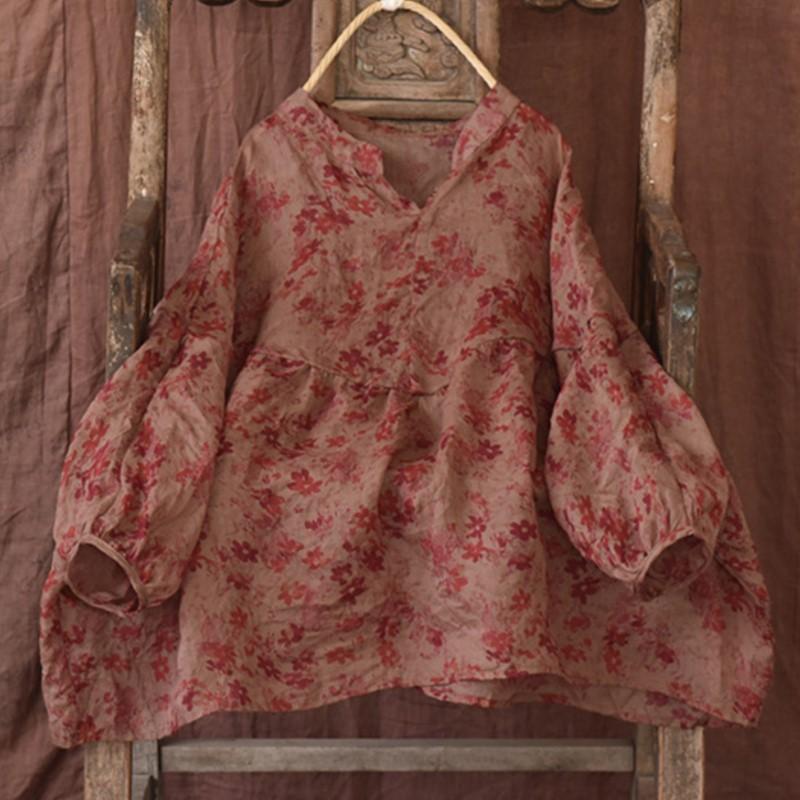Johnature Женские винтажные футболки Ramie, футболки с v-образным вырезом и длинными рукавами, цветочный принт, одежда высокого качества, весенние свободные футболки