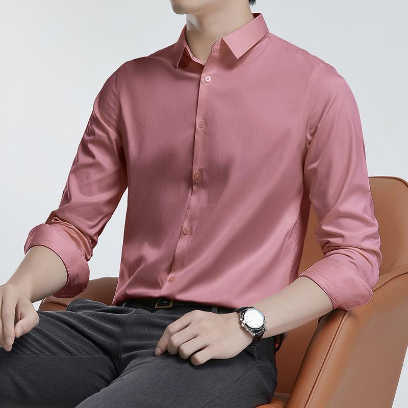Рубашка из мерсеризованной немаркой мужской с длинным рукавом, не мнется, деловой костюм, свадебная рубашка, однотонная
