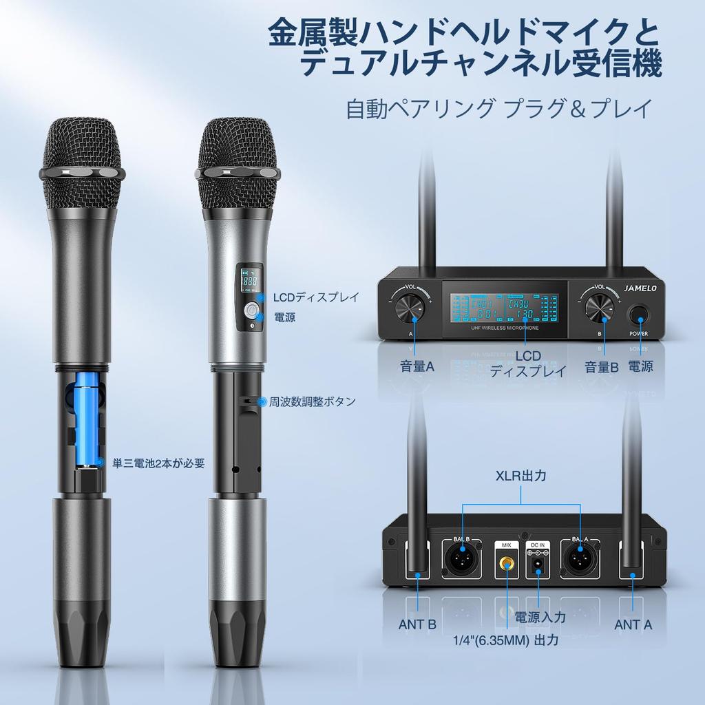 Беспроводной микрофон JAMELO, металлический двойной динамический микрофон UHF, беспроводная ручная микрофонная система с аудиокабелем 60 м 6,35 мм (Диапазон УВЧ)