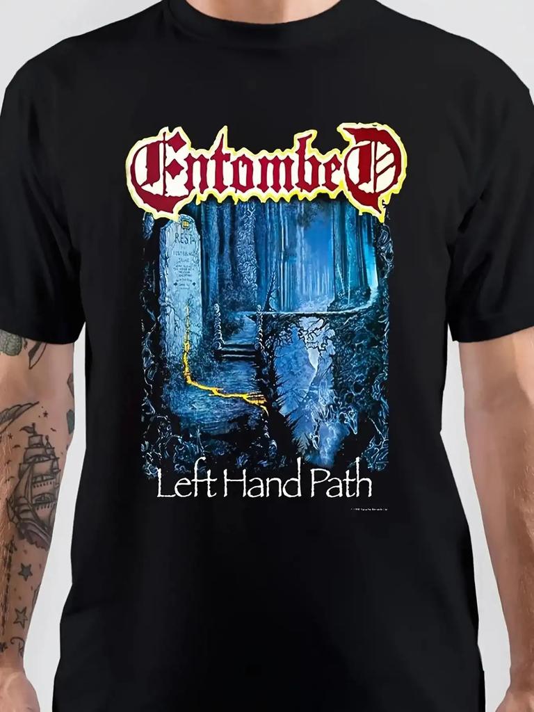 Футболка с готическим логотипом группы Entombed 'Left Hand Path' - Футболка для хэви-метал музыки с культовым логотипом группы и дизайном 'Left Hand Path'