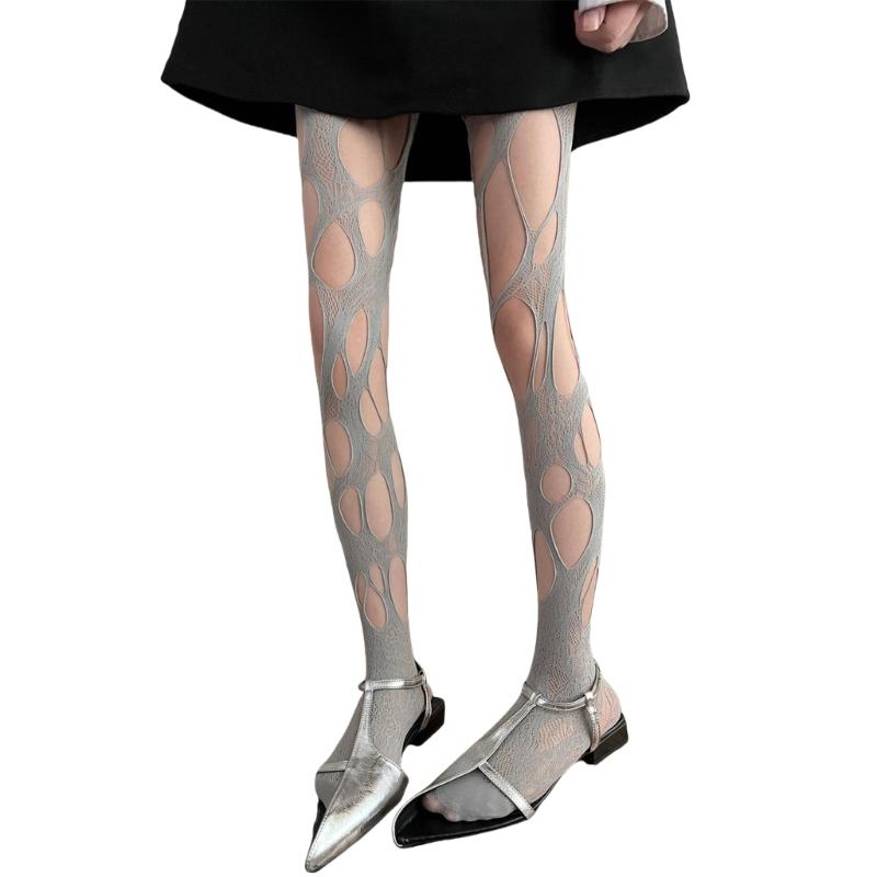 Women Goth Sexy See Through Fishnet Tights Stockings Hollowed Out Irregular Distressed Hole Sheer Mesh Pantyhose