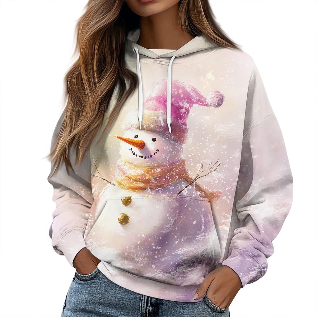 Женская повседневная свободная толстовка с капюшоном и длинным рукавом с рождественским принтом на завязках