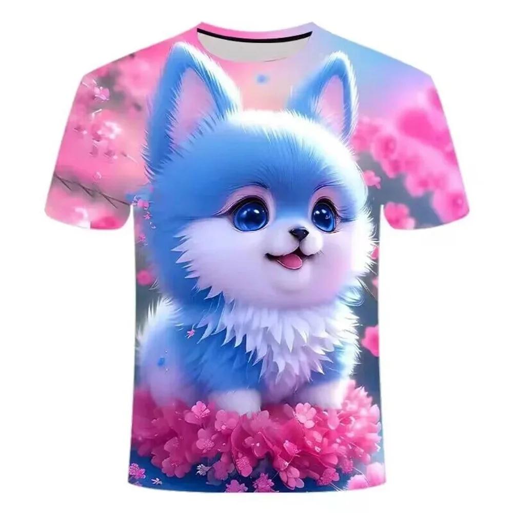 Cute Fluffy Cat Cartoon Fashion 3D Short-Sleeve T-Shirt for Kids, Beautiful Summer Girl's Versatile Colorful Top
