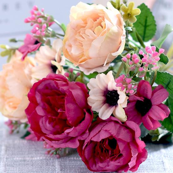 Имитация пиона Реалистичный искусственный букет с зелеными листьями и ветками