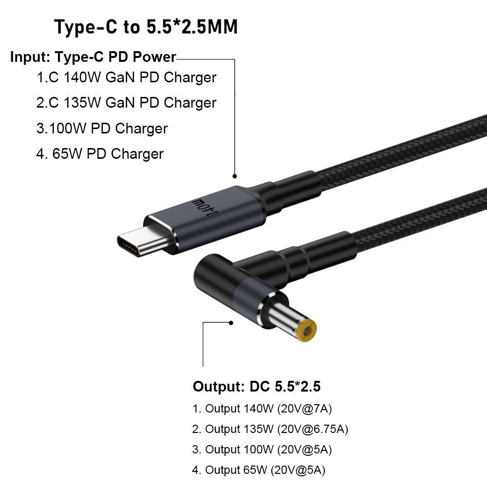 Кабель USB Type C на DC PD 140 Вт Шнур питания для ноутбука 20 В 7 А Линия-конвертер Быстрая зарядка Провод 5.5X2.5 мм для HP/Dell/Asus