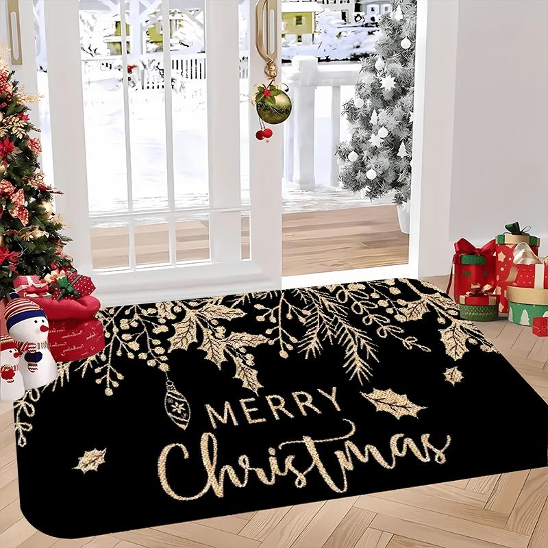Luxury Golden Holly Pine Letter Front Entry doormat Black Base Merry Christmas Script Bauble Border Print Porch Decor Rug
