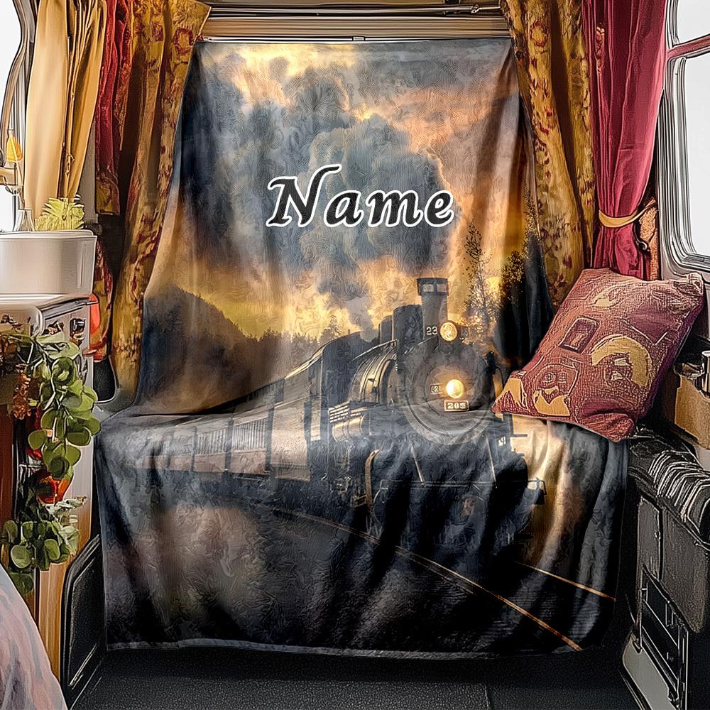 Steam Locomotive Journey Through Forest At Sunset Blanketcustomizable With Your Namecomfortable And Stylish Perfect For Travel Beds Chairs Offices