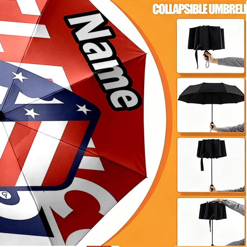 Custom Name Personalized Atletico Madrid Print Umbrella, Auto Open Close, 8‑Rib Sturdy Frame, Commute Camping Hiking Use, Birthday Gift