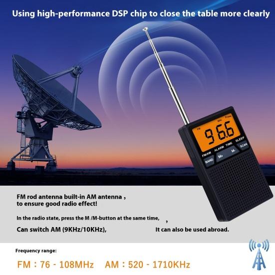 Portable AM/FM Radio Mini 2 Band Radio with Speaker Multipurpose Time Display