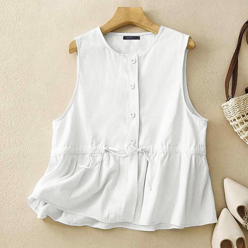 ZANZEA Женские летние рубашки с круглым вырезом без рукавов на завязках