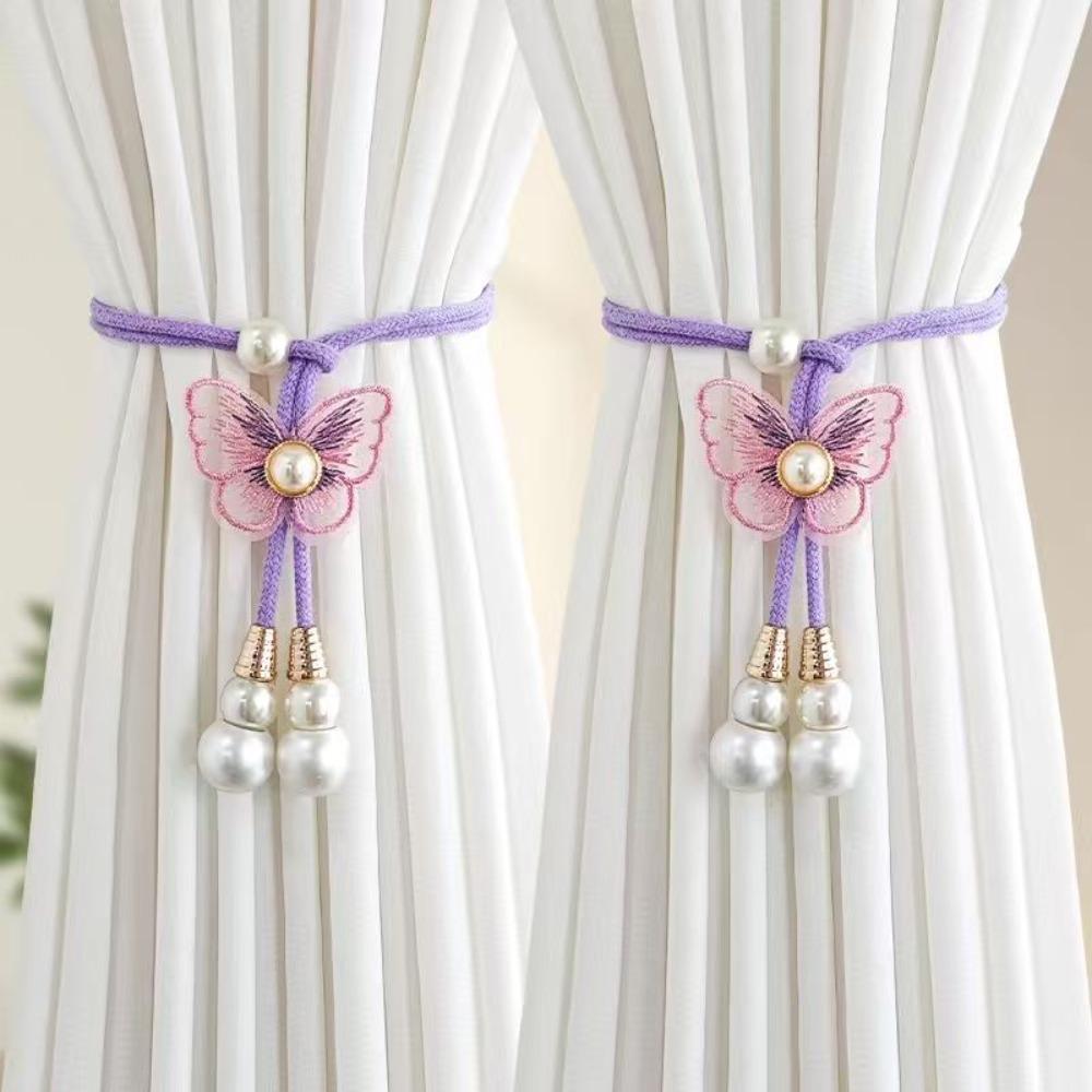 2PCS Adjustable Butterfly Curtain Tiebacks Curtain Holder Decorative Pearl Curtain Buckle Artificial Pearl Curtains Tie Rope