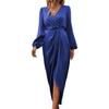 Women Dress Irregular Slit Hem High Waist Pleated Long Puff Sleeves Solid Color V Neck Formal Party Banquet Maxi Dress
