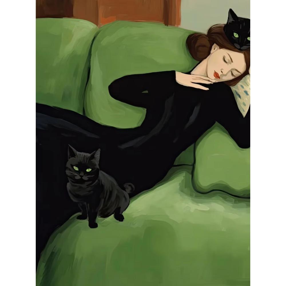 Vintage Decadent Young Woman After The Dance with Cats Poster Prints Abstract Canvas Painting Wall Art Picture for Home