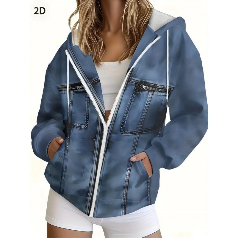 Womens Zip-Up Hooded Sweatshirt With Denim-Style Print Streetwear Oversized Cardigan Fall 2025 Casual Outerwear