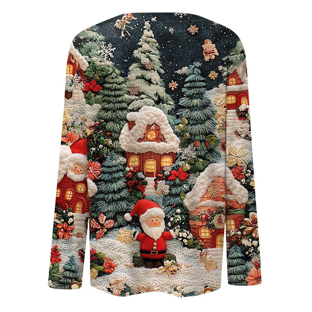 Женская мода повседневный рождественский принт круглый вырез длинный рукав пуловер топ