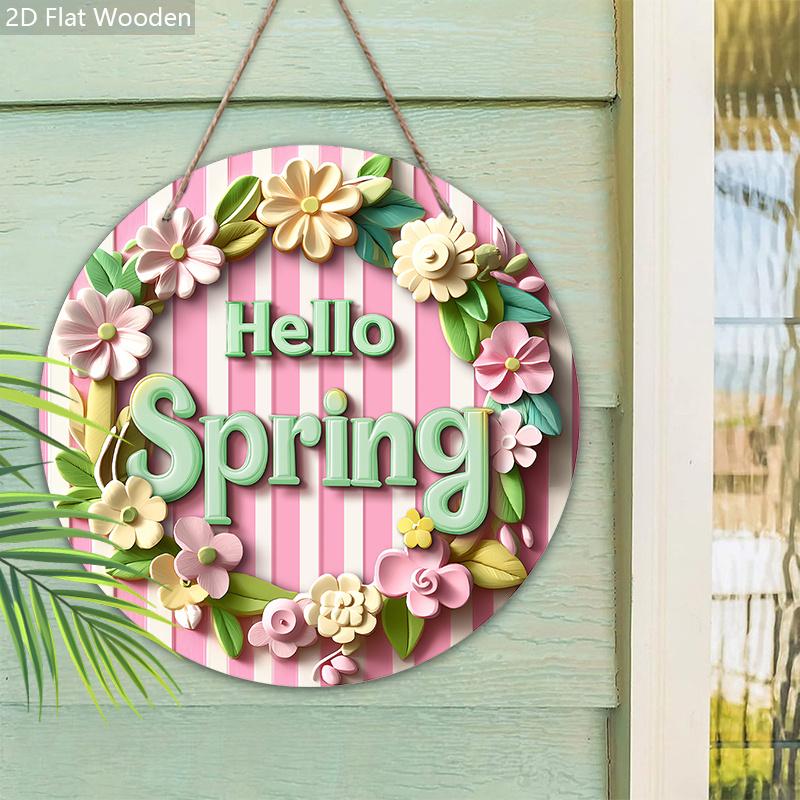 2D Flat, 1pc Hello Spring Wreath Wooden Sign Welcome Sign for House Patio Entry Door and Hallway Decoration Party Home Wall Art Decoration Spring
