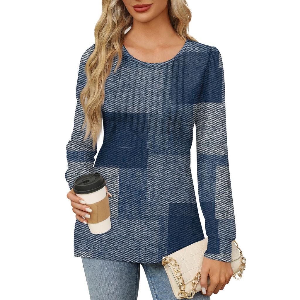 Женская повседневная плиссированная футболка с круглым вырезом и длинными рукавами с принтом