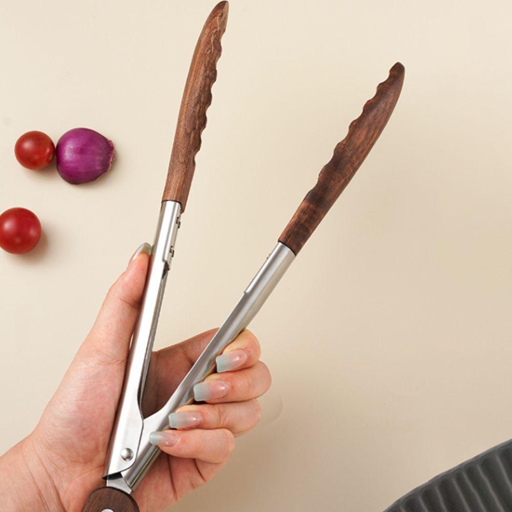 Wood Head Salad Bread Dessert Tong Non-slip Food Clamp Durable BBQ Grilling Tong  Cooking