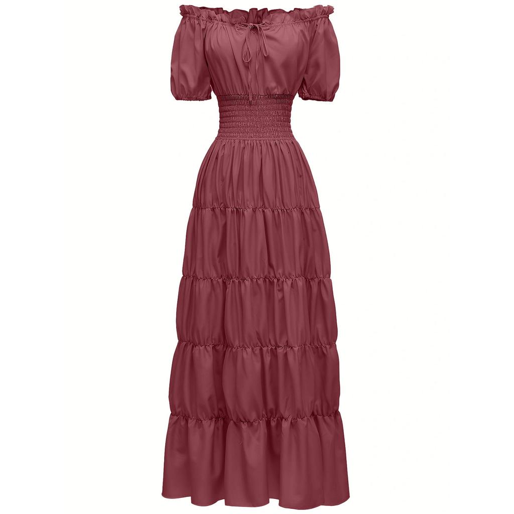 Women's Solid Color Short Sleeve Boat Neck Waist Medieval Retro Long Plus Size Dress