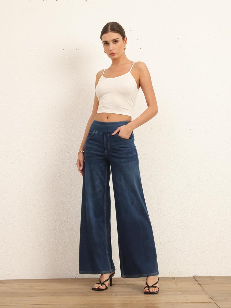 Shascullfites Джинсы со средней талией и широкими штанинами для женщин, эластичные темно-синие джинсы, повседневные брюки свободной посадки с карманами