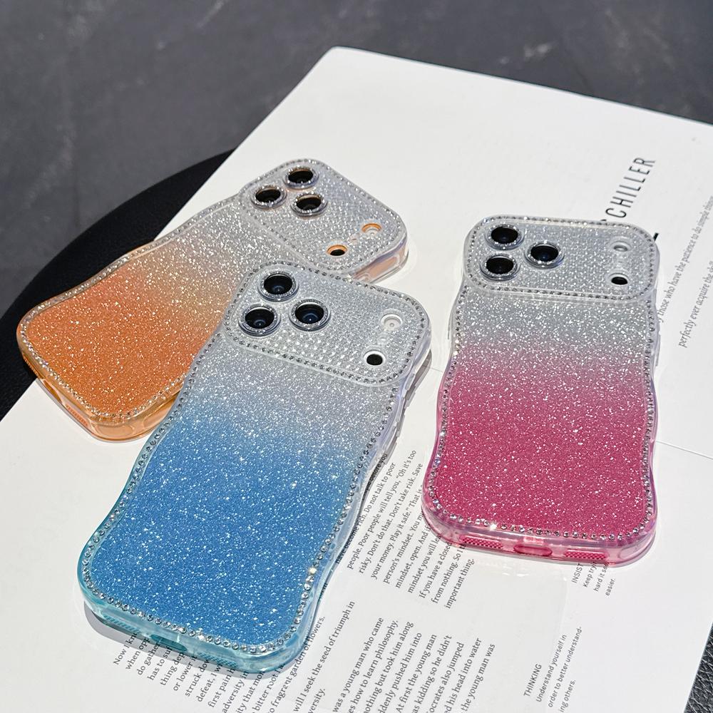 KEYSION Чехол для телефона с градиентом, блестками и стразами для iPhone 16 17 Pro Max Air 16 Plus, с волнистым краем, защитой камеры, противоударный