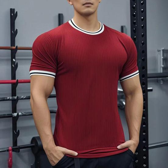Men's Elastic Muscle T-Shirt Round Neck Short Sleeve Fitness Top Slim Fit Casual Running Tee for Sports Gym Outdoors