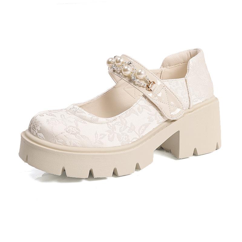 New Single Shoes Autumn French Style Skirt Mary Jane Shoes Pearl Chinese Style with Small Leather Shoes Women's Platform Evening