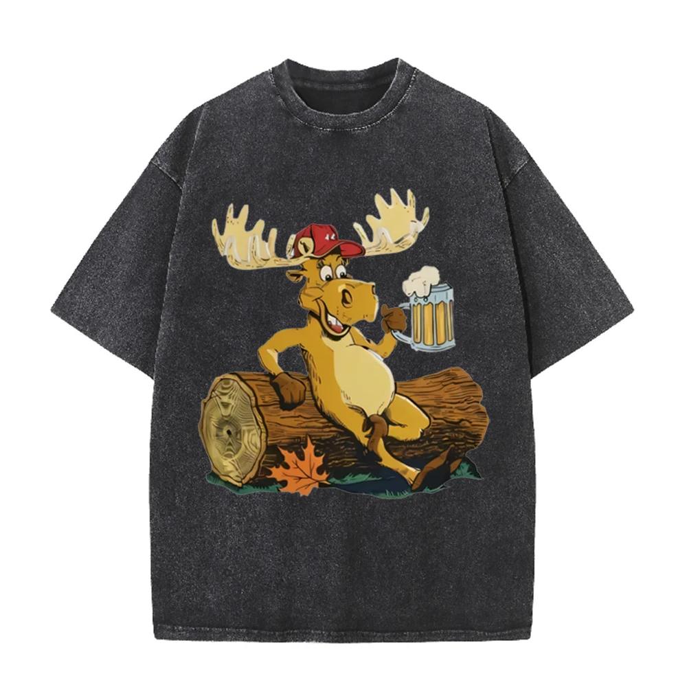 2026 Funny Moose Drinking Beer T Shirt Vintage Washed Black Graphic Tee Unisex Casual Retro Top