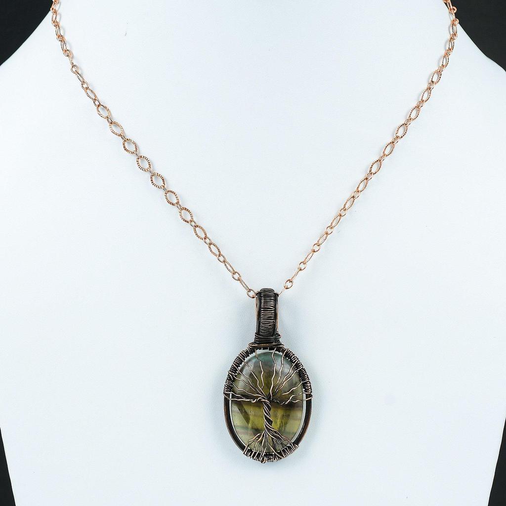 Дерево жизни Подвеска из многоцветного флюорита с драгоценными камнями Подвеска из медной проволоки Подарок для нее Медные украшения Ювелирные изделия ручной работы Ювелирные изделия из многоцветного флюорита