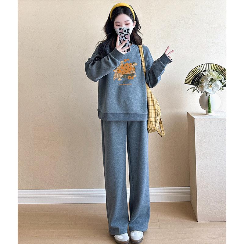 Беременность 2025 Весна/Осень Уличная Мода Темно-Серый Свитшот и Брюки Комплект