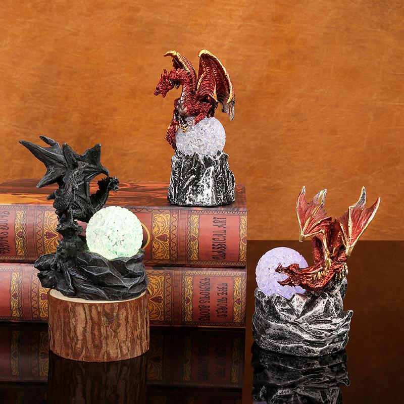 Dragon Egg Resin Ornament with LED Light Halloween Home Decoration Fly Dragon Night Light Sculpture Desk Accessories