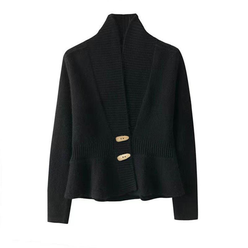 Осень и Зима Новый Однотонный Ретро Вязаный Кардиган Женский V-образный вырез Рюши по подолу Свитер Куртка