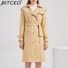 Women's Long Trench Coat with Waist Cinch Cotton-Blend Fashion Jacket with Long Sleeves