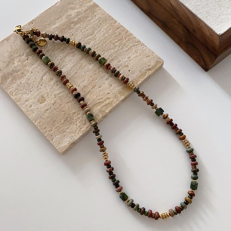 Ожерелье из бисера «Тигровый глаз» с овальным узором Майяра, цепочка для свитера премиум-класса из титановой стали, винтажный кофейный оттенок, натуральный камень, ключичная цепочка