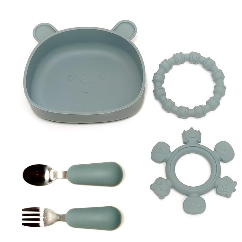 Silicone Baby Fork Spoon Plate Set With Suction Cup Children Eating Bowl Baby Supplementary Tableware Set