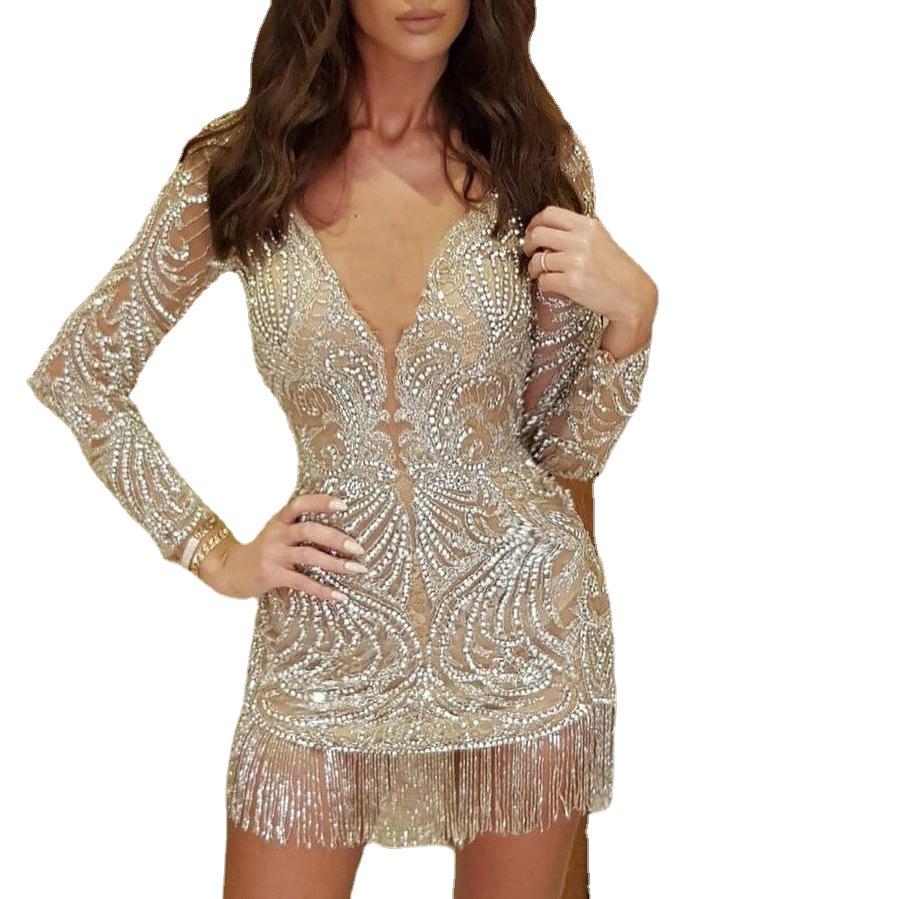 Весеннее европейское и американское платье-миди для пригородных поездок 2025 года с золотыми пайетками и кисточками