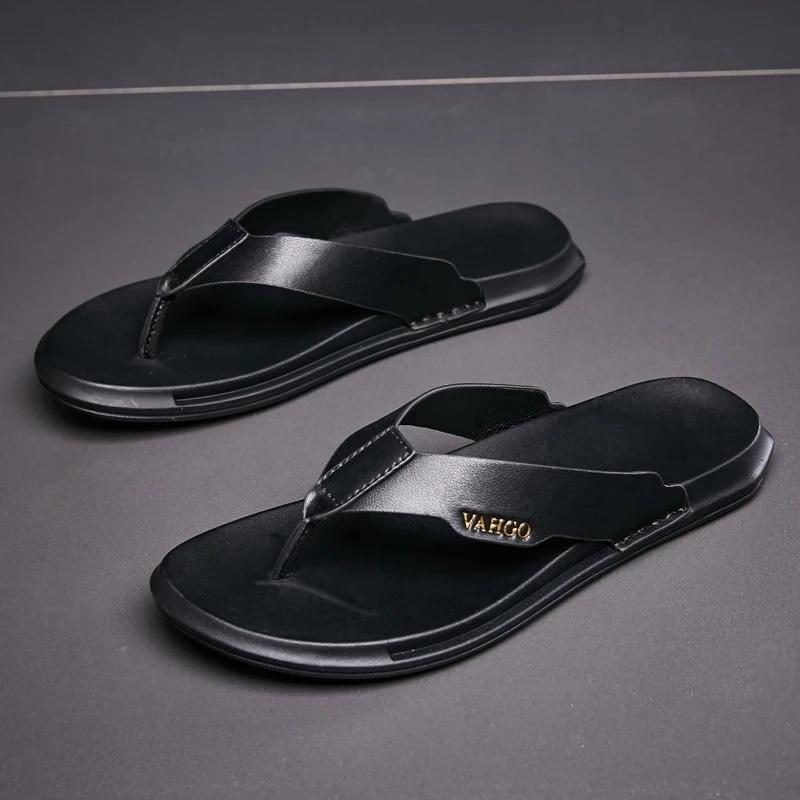 Мужские шлепанцы, модные пляжные тапочки, повседневная летняя обувь из натуральной кожи, шлепанцы, летние туфли на плоской подошве для отдыха на открытом воздухе, дышащие пантуфли