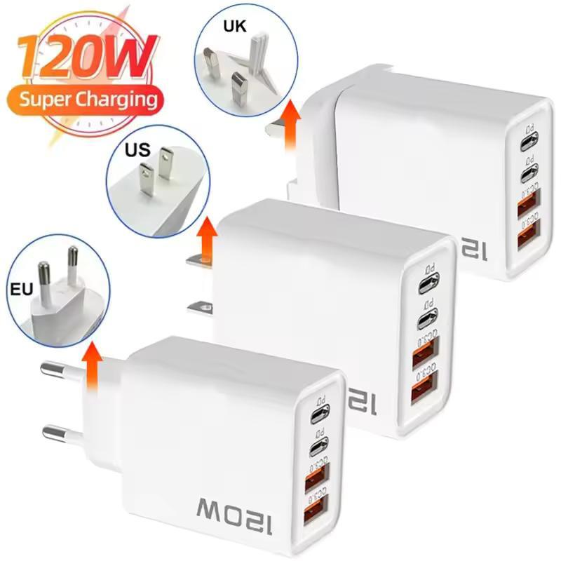 Быстрое зарядное устройство USB Type C 120 Вт, 4 порта, PD Quick Charge 3.0 для Samsung Huawei, EU US UK вилка, адаптер для телефона