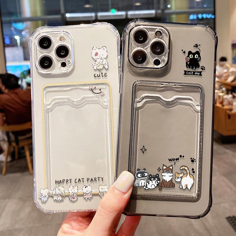 Soft Card Slot Bag Holder Phone Case For iPhone 17 Pro Max 11 13 15 12 14 16 Pro Max Plus 16e Aesthetic Flower Transparent Cover