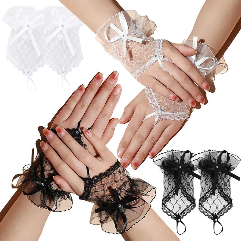 Женские короткие перчатки для вечерней вечеринки с бантом и лентой, однотонные, дизайн полуладони, модные аксессуары, кружевная сетка, для маскарада, 1 пара