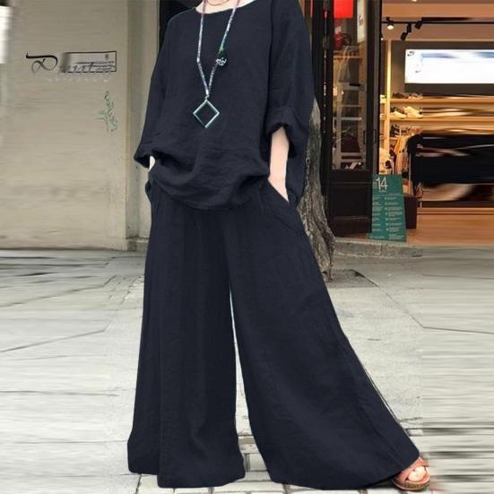 2 Pcs/Set Women Top Pants Set Round Neck Retro Long Sleeves Blouse Wide Leg Elastic Waist Trousers Daily Leisure Loose Outfit