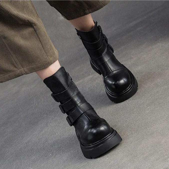 Johnature Plush Warm British Style Mid-calf Boots Genuine Leather Thick Soled Women's Shoes
